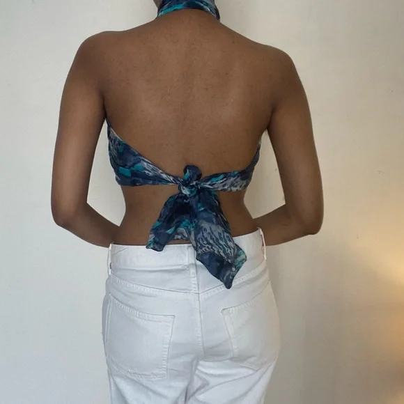 Zara Marbled Blue print silk scarf can be used as scarf or top. - Picture 3 of 4